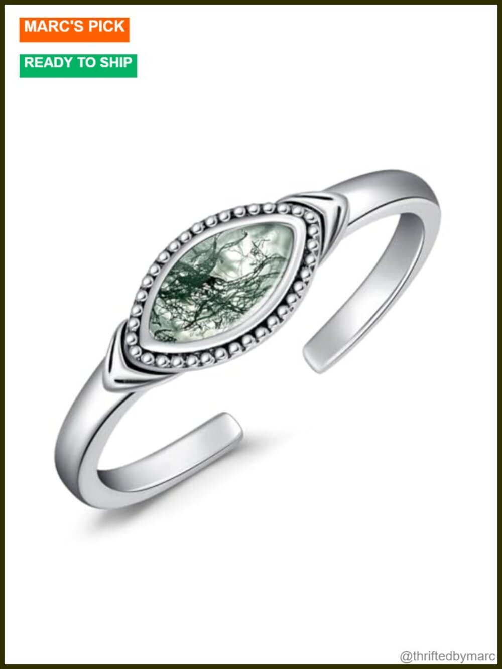 925 Sterling Silver Adjustable Toe Ring Moss Agate Open Band Boho Jewelry Women